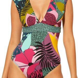 Bleu Rod Beattie One Piece Swimsuit Cap Sleeve V Neck Multi Print Size 12